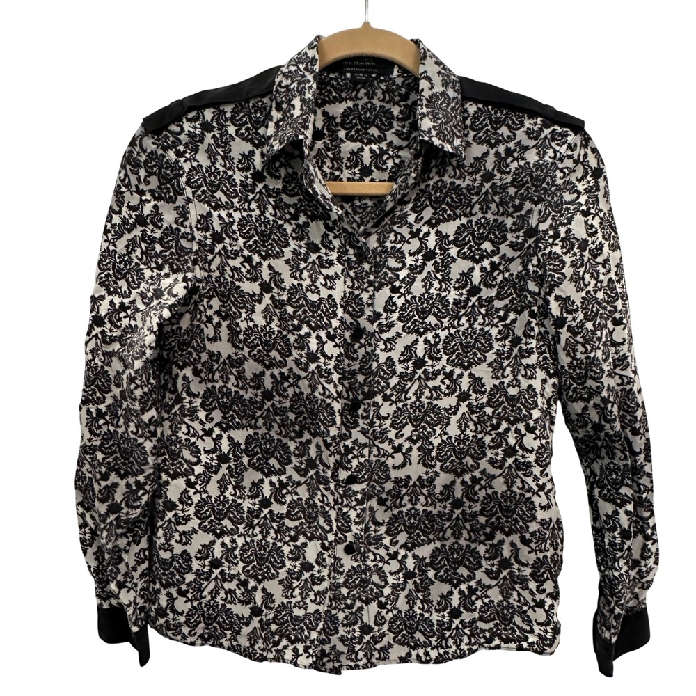 AllSaints Rivet Mercury Silk Shirt Womens US 00 Black White Damask Button Up